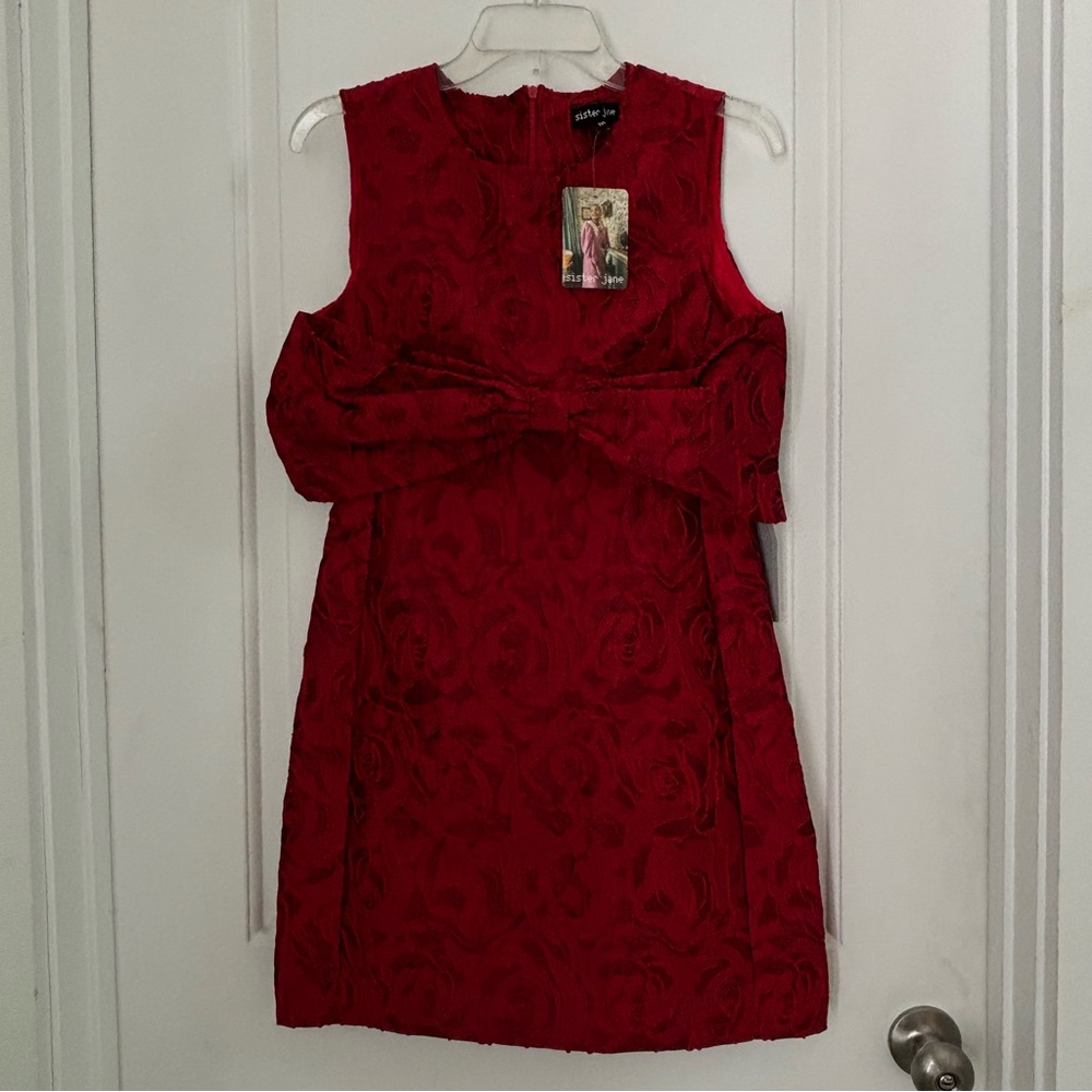NWT Sister Jane Deep Red Rose Jacquard Bow Mini Dress